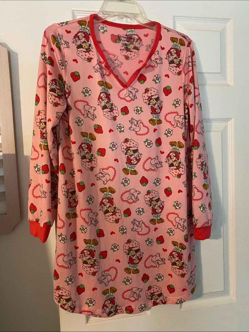 Girls Pink Strawberry Print Long-Sleeve Nightgown with Red Trim